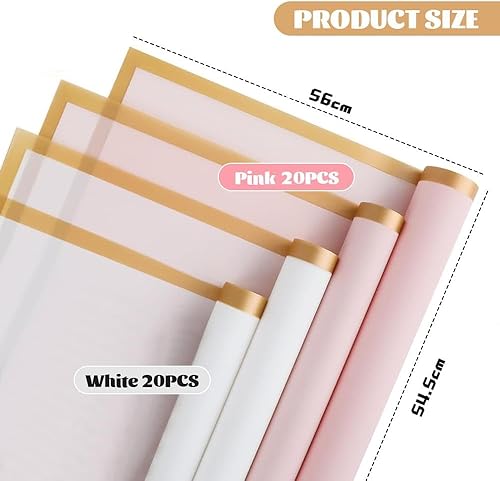 HEKOBAG 40 Feuilles Papier Emballage pour Bouquet 56 X 54.5 cm Papier Cadeau Emballage pour Bouquet Papier Emballage Bouquet de Fleur Papier Emballage Fleuriste pour Cadeau, Fleurs, DIY (Rose + Blanc) - Nail Gallerys