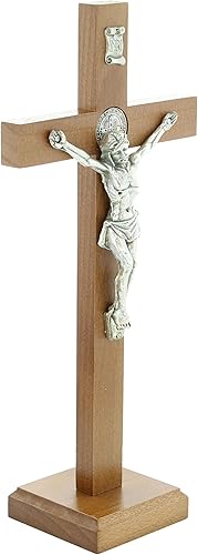 Palais du Rosaire Croix de Saint Benoit de 26cm sur pied en bois et Christ argenté - Crucifix bois - Culte Chrétien en Bois - Nail Gallerys