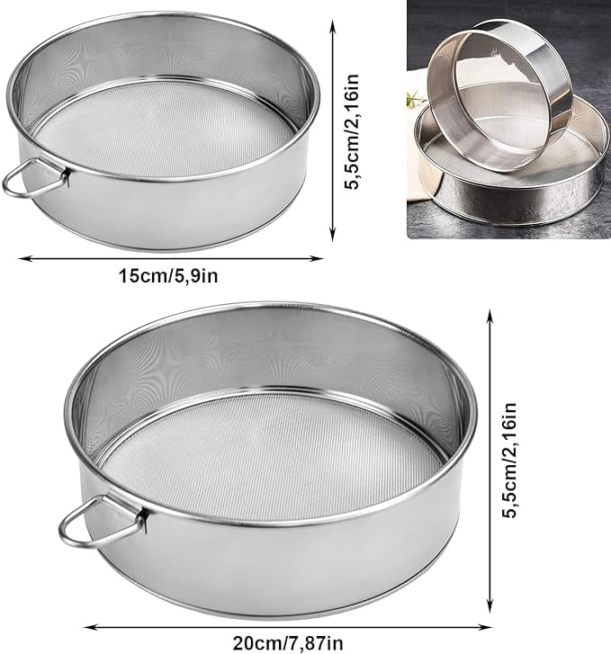 Tamis à Farine en Acier Inoxydable, 2 pièces, Tamis à Farine Fin argenté en Acier Inoxydable 304, 2 Tailles de Tamis à Farine Professionnel 15/20 cm - Nail Gallerys