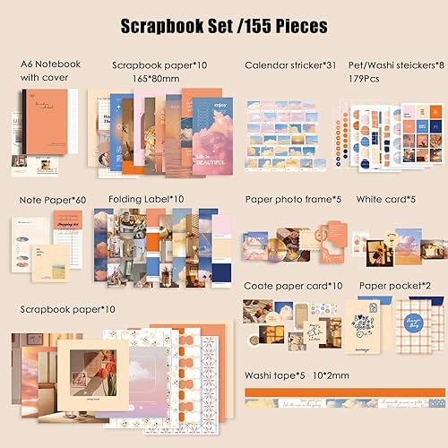 Lot de 155 accessoires de scrapbooking vintage - Avec grille A6 - Autocollants de carnet de voyage, DIY - Cadeau pour filles et femmes(Orange) - Nail Gallerys