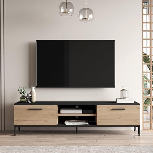 [en.casa] Meuble TV à 2 Portes Meuble de Rangement Design pour Salon avec 2 Espaces de Stockage 2 Passages de Câble Panneau de Particules Métal 39 x 160 x 35 cm Effet Chêne Rustique Anthracite - Nail Gallerys