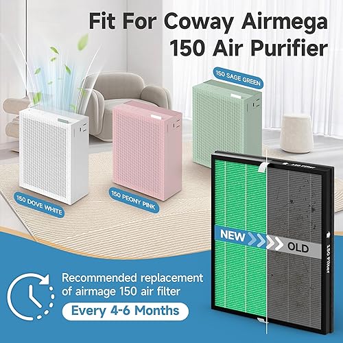 VALZONE Lot de 2 filtres HEPA de rechange pour purificateur d'air Coway Airmega 150, 2 filtres HEPA verts et 4 filtres à charbon actif, numéro de pièce AP-1019C-FP - Nail Gallerys