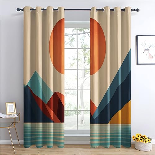 Rideau Occultant Thermiques Soleil et Montagne Boho - Lot de 2 Rideaux Imprimé pour Salon Chambre Fenetre Cuisine, Rideaux et Draperies Intérieurs à Oeillets, 110x215 cm (LxH) - Nail Gallerys