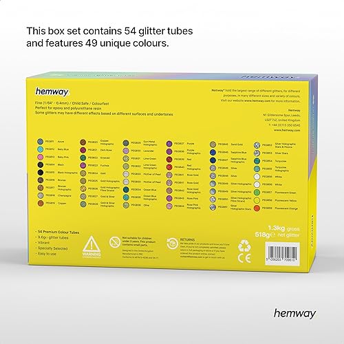 Hemway Paillettes fines – 54 x 9,6 g (0,34 oz) en polyuréthane et époxy, ensemble de paillettes multi-usages pour artisanat en résine, fabrication de bijoux, gobelets, décorations, art, ongles, corps - Nail Gallerys