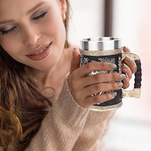 Tasse en relief en forme de tête de mort, tasse Vikings, en acier inoxydable, 500 ml, inspirée des Vikings, extérieur en résine avec motif de crâne détaillé, parfait pour homme, père, - Nail Gallerys