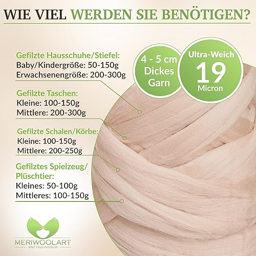 MeriWoolArt® Laine Mérinos XXL 100% Douce et Épaisse - 19 Microns pour Feutrage à Sec, Humide, Couverture DIY, Bébé, Tricot Avec Bras - Nail Gallerys