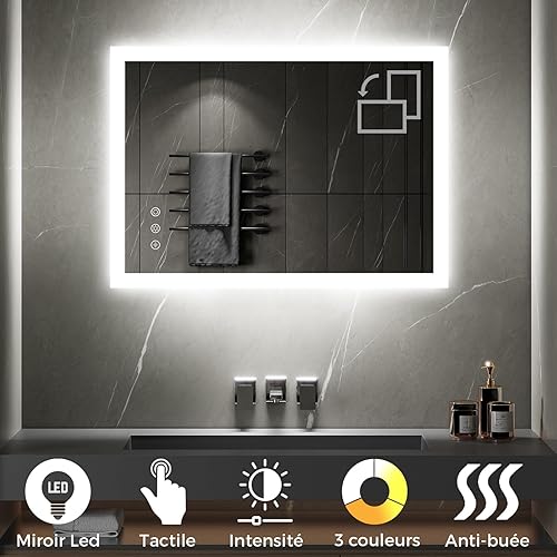 SANIVERRE TEMEO Miroir Mural LED Lumineux 90 x 100 cm réversible (2100 LMS) Tactile : antibuée + intensité et Couleur réglables - Salle de Bain - Nail Gallerys