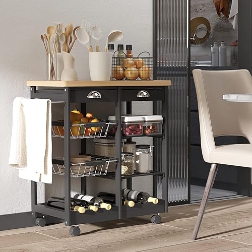 HOMCOM Chariot de service avec plateau en bois massif, desserte de cuisine avec roues, 74 x 37 x 76 cm, noir - Nail Gallerys