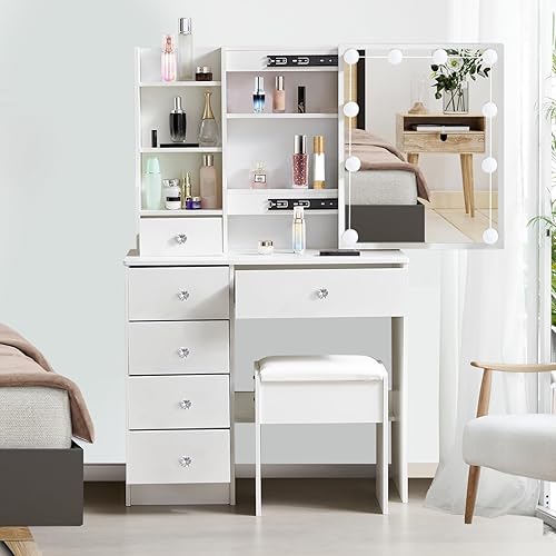 Coiffeuse avec Miroir et Tabouret, Éclairage LED Réglable 3 Couleurs, Coiffeuse avec 6 Tiroirs 6 Étagères Rangement Ouvertes, Table de Maquillage Blanche Moderne 80 x 36 x 130 cm - Nail Gallerys