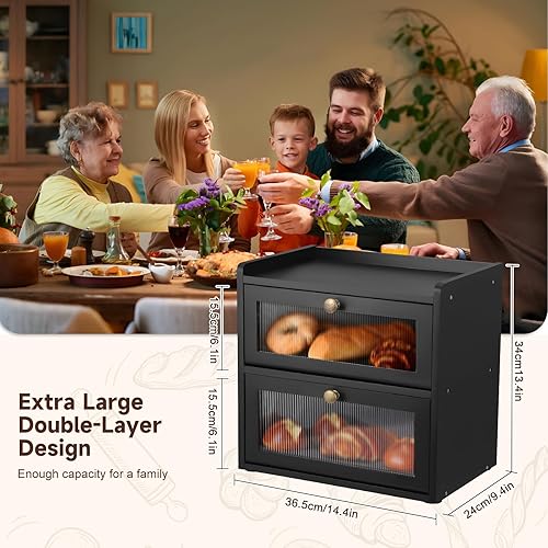 Boîte à pain en bois pour plan de travail de cuisine avec fenêtre en acrylique et ventilation, grand récipient de stockage de pain double couche, Rangement à pain pour cuisine café bar (bois) - Nail Gallerys