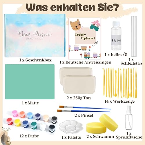 Vezerd Kit de poterie pour débutants, argile, séchage à l'air libre sans brûlure, pour la maison, bricolage, céramique, bricolage, adultes, avec vernis brillant, outils, kit de pottery cadeau pour - Nail Gallerys