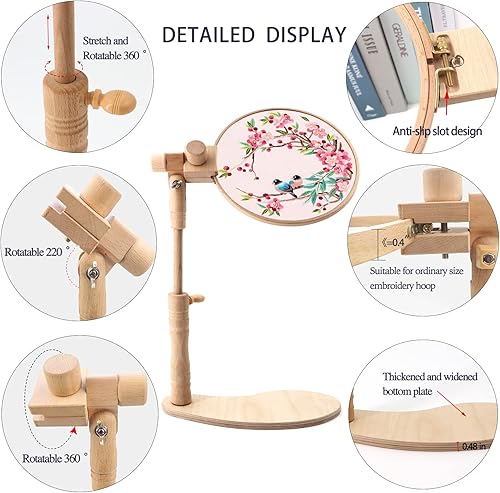 ZOCONE Support rotatif réglable en bois de hêtre avec 2 cerceaux à broder de 15,2 cm et 20,3 cm, support de cercle à broder en bois pour point de croix et projet de broderie (A) - Nail Gallerys