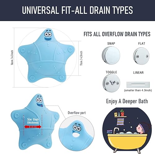 HengLiSam Bouchon de Trop-Plein de Baignoire, Accessoires de Bain, Couvercle de Trop-Plein en Silicone avec 5 Ventouses, Ajoute de l'eau pour Un Bain Plus Profond, Joli Bouchon de Baignoire (Bleu) - Nail Gallerys