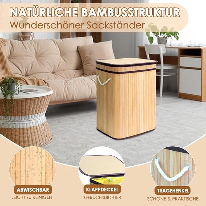 LZRBUBO Support pour sac poubelle jaune de 80 l en bambou stable avec couvercle - Poubelle pour sac poubelle jaune - Grand support pour sac poubelle - Résistant aux odeurs - Récipient pour sac jaune - Nail Gallerys