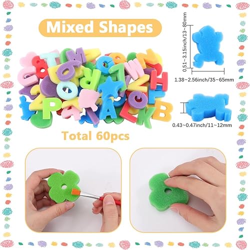SOFPLATE 60 kit de Tampons Éponges à Lettres et à Peinture Assortiment de Couleurs Alphabet Chiffres Petits Tampons en Mousse de Forme Mixte pour Bricolage Artisanat Modèles d'apprentissage Activités - Nail Gallerys