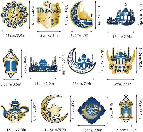 Lot de 36 décorations à suspendre pour la maison - Aïd Mubarak - Décoration de porte de fête - Eid/Ramadan Mubarak Ramadan Kareem décoration de fête - Bleu & Or - Nail Gallerys
