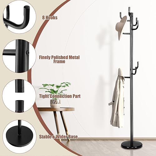 HOMASIS Porte-manteau de sol avec 8 crochets, porte-manteau en fer pour entrée, couloir, salon, hauteur 175 cm, noir - Nail Gallerys