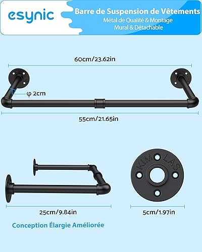 eSynic Tringle à Vêtement Mural 60x25cm Lot de 2 Barre de Fer Robuste Amovible Portant à Vêtement Industriel Économie d'Espace pour Chambre Maison Vestiaire -Bronze - Nail Gallerys