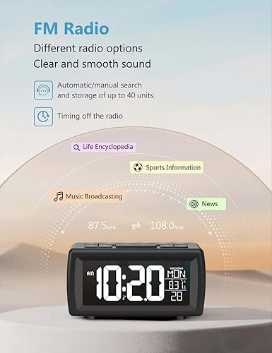 OWYELO Réveil Matin Multifonctions, avec Fonction FM Radio et Double Alarme, Reveil Numérique LED avec Numéros Personnalisés en Sept Couleurs, Snooze, 12/24H, Port USB, Décoration Moderne - Nail Gallerys