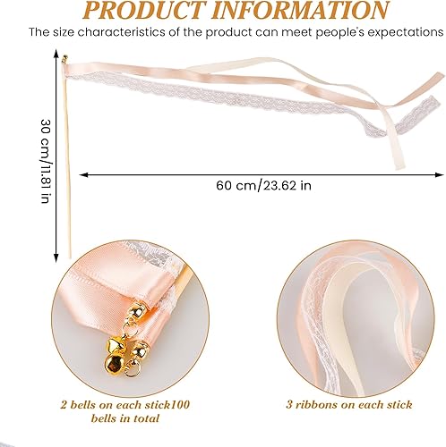 Lot de 50 murs de mariage avec cloche, baguettes magiques serpentins avec cloches, baguettes avec rubans de mariage, baguette de fée en soie, baguettes avec cloche et rubans de mariage, pour mariages - Nail Gallerys