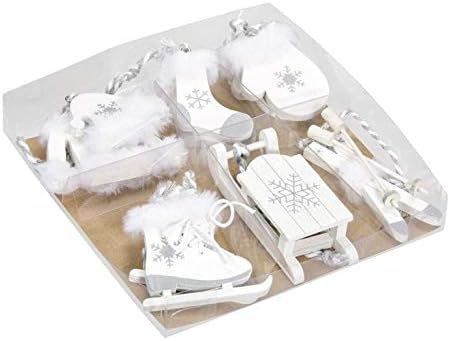 Lot de 6 décorations de Noël en bois blanc - Patins à glace - Ski - Luge - OTH - Décoration d'arbre nostalgique - Alpes - Décoration d'hiver - Décoration en bois - Nail Gallerys