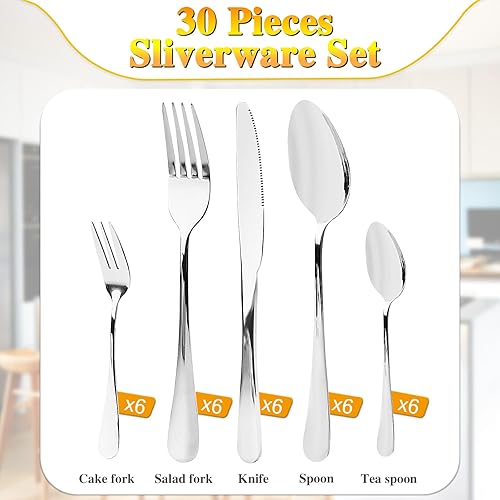 Set de Couverts pour 6 Personnes, 30 Pièces Couverts avec Couteau, Fourchette, Couverts de Table Polis Miroir, Couverts Lavables Au Lave-Vaisselle, Couverts en Acier Inoxydable pour La Maison - Nail Gallerys