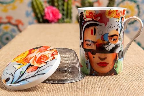 Ensemble de Vaisselle Frida Kahlo Revisitée par Loui Jover, Tasse avec couvercle, filtre Boîte cadeau, Décor Floral Coloré - Nail Gallerys