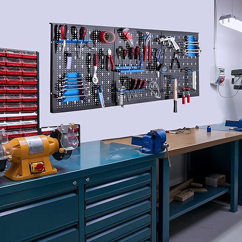 AREBOS Paroi à outils en trois parties | Jeu de 17 crochets bleu | 117,6 x 59,5 x 2 cm | Paroi à outils perforée en métal + supports + matériel de montage - Nail Gallerys