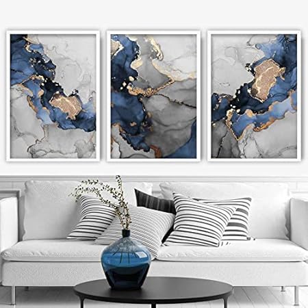 Artze Wall Art Tableau abstrait 3 pièces - 40 x 50 cm - Bleu marine/gris/doré - Nail Gallerys