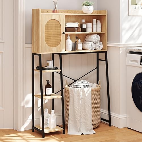 LIFEZEAL Meuble Dessus WC, Meuble Toilettes Salle de Bain Rangement, avec Portes en Rotin et Étagère, Rangement au-Dessus des Toilettes avec Cadre Métallique, 89 x 29 x139 cm, Naturel - Nail Gallerys