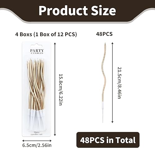 48 Bougies d'Anniversaire Spirale Champagne Or, Bougies de Gâteau Longues avec Supports, Décoration de Gâteau pour Anniversaire, Mariage, Fête, Baby Shower, Accessoires de Fête pour Gâteaux et Cupcake - Nail Gallerys