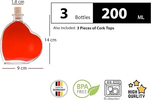 slkfactory Lot de 6 bouteilles en verre vides de 200 ml en forme de cœur avec bouchon en liège 0,2 l pour liqueur, vinaigre, huile - Nail Gallerys