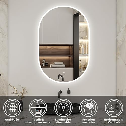 AICA Miroir de Salle de Bain Ovale 60x80cm, Miroir Mural LED avec Dimmable + Anti-buée - Nail Gallerys