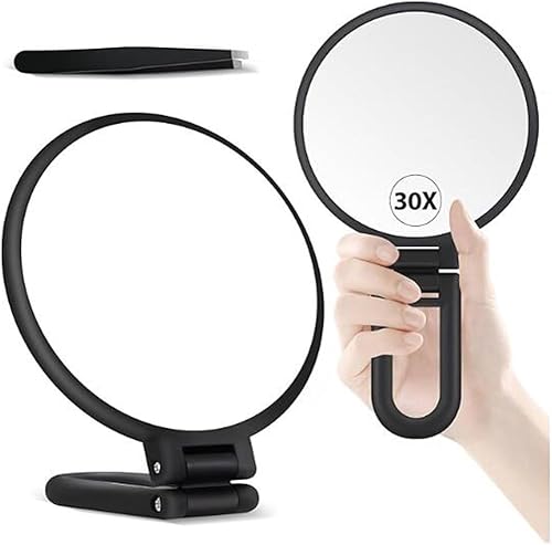 Miroir grossissant x30, miroir à main avec poignée, miroir double face avec grossissement 30x/1x, miroir de voyage essentiel, miroir de maquillage portable pliable pour maquillage de précision, noir - Nail Gallerys