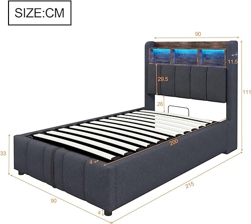 PUGSDRLY Lit Double 180x200cm avec Ports USB et Lumière LED,Lit Coffre avec Sommier à Lattes et Rangement Hydraulique,Tête avec Compartiment de Rangement,Capitonné,Tissu en Lin (Beige, 180x200) - Nail Gallerys