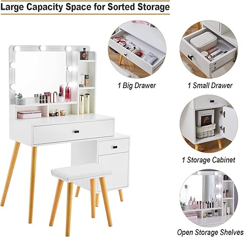 TUKAILAi Coiffeuse avec Miroir LED Rond et Tabouret, Coiffeuse avec Rangement à 7 Compartiments et 3 Tioirs, Table de Maquillage Meuble Enfant Fille Coiffeuse de Chambre Simple Cadeau (Blanc) - Nail Gallerys