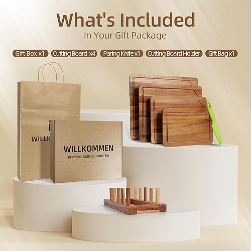 WILLKOMMEN Planche à découper en bois d'acacia pour la cuisine, 3,8 cm d'épaisseur avec rainure pour le jus, 40,6 x 30,5 cm Planche à charcuterie pour les légumes, les fruits et le fromage - Nail Gallerys