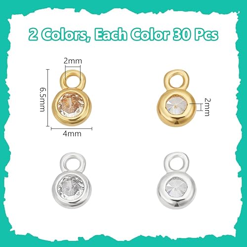 WADORN 60 pièces Breloques en Zircone Cubique, Pendentifs en Cristal et Pierres Précieuses Ronds et Plats en Platine Doré avec Accessoires pour Colliers Bracelets Boucles D'Oreilles, Trou: 1.2mm - Nail Gallerys