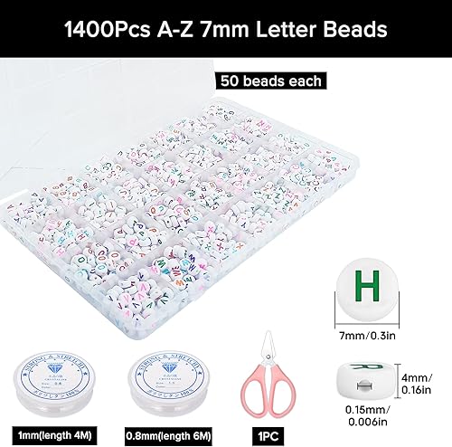 CoKeeSun 1400 Pièces Perle Lettre Colorée, 7*4 mm Acrylique Ronde Perles Lettres pour Bracelet, Perle Alphabet A-Z avec Sourire et Cœurs, Fil Elastique et Ciseaux, pour Bricolage, Fabrication, Bijoux - Nail Gallerys