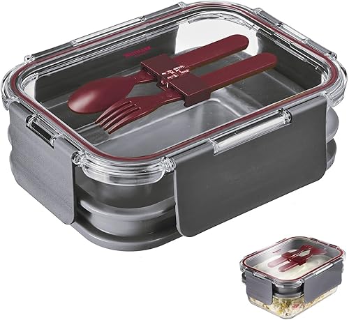 Westmark Boîte à lunch, volume de remplissage : 1740 ml, deux étages, avec couverts, 4 fermetures à clic sécurisées, verre/silicone/plastique, confortable, transparent/anthracite/rouge, 236022EA - Nail Gallerys