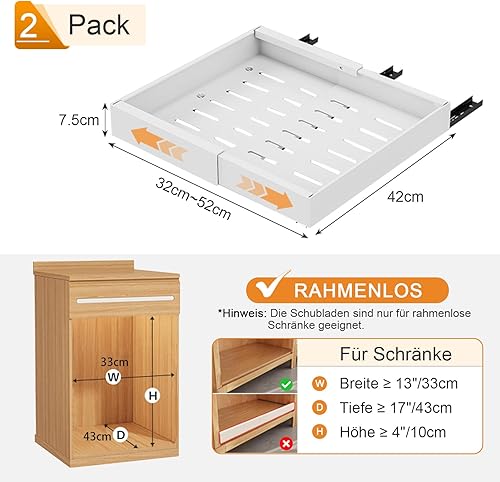 Lot de 2 tiroirs télescopiques pour armoires de cuisine, largeur réglable 32 à 52 cm, organiseur de placard de cuisine extensible avec fixation adhésive nano film, blancs (Paquet de 2 - Blanc) - Nail Gallerys