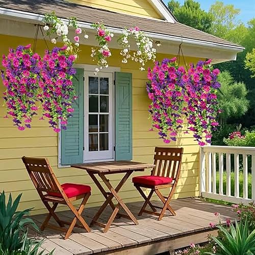 2/4 Pack Artificial Flowers for Outdoors, Artificial Hanging Flowers for Outdoors, Hanging Artificial Flowers for Outdoors, UV Resistant Hanging Artificial Morning Glory Vine (Purple Red,2Pcs) - Nail Gallerys