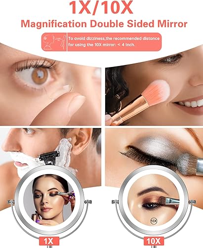 Benbilry Miroir de maquillage éclairé avec grossissement, miroir de courtoisie double face grossissant 1x/10x, 17,8 cm, alimenté par piles, miroir de rasage pivotant à 360° (interrupteur à boutons) - Nail Gallerys