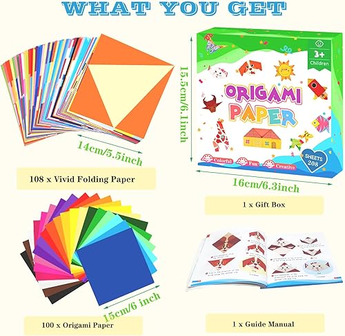 Set de Papier Origami pour Enfants - 208 Feuilles Avec 54 Motifs, 15x15cm - Livre d'Instructions Inclus - Cadeau pour Les 3-12 Ans, Débutants, Garçons et Filles - Nail Gallerys