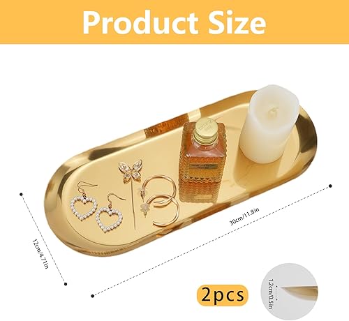 Jiayaus Lot de 2 plateaux ovales décoratifs dorés - Plateau de vanité - Plateau de lavabo de salle de bain pour parfums, bijoux, bougies, café et desserts - Nail Gallerys