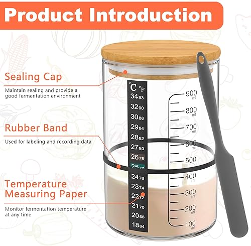HuhWafee Kit de démarrage pour levain 900 ml, verre au levain avec couvercle en bois, spatule en silicone, papier thermomètre, chiffon de fermentation, kit de démarrage réutilisable pour la - Nail Gallerys