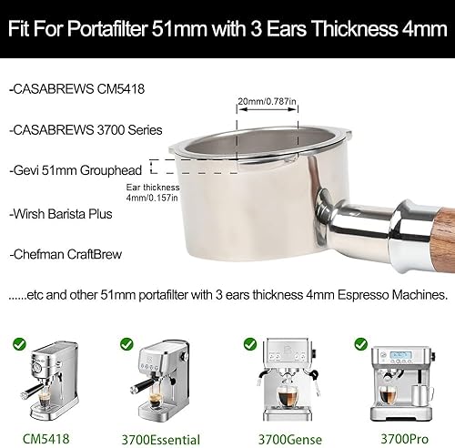 CAPFEI Porte-filtre sans fond 51 mm pour Kl SteelPresso Slim/Casabrews CM5418 avec 3 oreilles de 4 mm d'épaisseur - Boucle en T - Poignée en noyer - Nail Gallerys