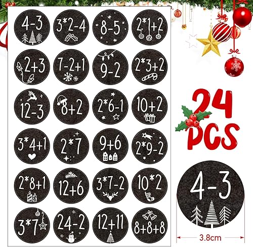 1-24 3.8CM Autocollants de Chiffres de Calendrier de l'Avent avec Problèmes Arithmétiques Étiquettes Stickers Rond Sapin Bonhomme de Neige Cloche Décoration DIY Cadeau pour Fête Avent de Noël - Nail Gallerys
