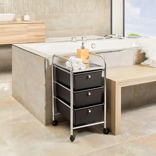 IDIMEX Caisson sur roulettes GINA Chariot avec 3 tiroirs en Plastique Noir et 1 étagère, Meuble de Rangement pour Salle de Bain en métal chromé - Nail Gallerys
