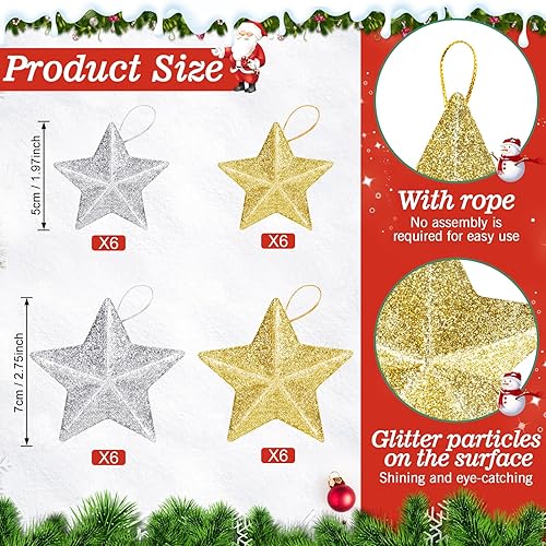 Kiiwah 24 Pièces Paillette Étoile de Décoration Noel Sapin, Petites Étoiles Ornement pour Deco Sapin de Noel, Or, Argent Pendentif Noel pour DIY Couronne de Noël, Cheminée, Fenêtre - Nail Gallerys
